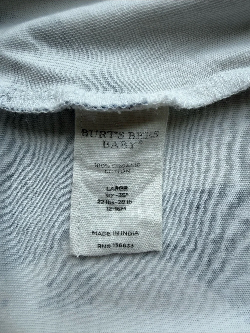 Burt's Bees Baby 100% Organic Cotton Sleep Sack Blue/White/Gray Sz L 12-18 Mths